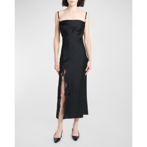 Versace Satin Lace-Embroidered black Midi Slip Dress Size 40/ US 4 - Picture 1 of 15